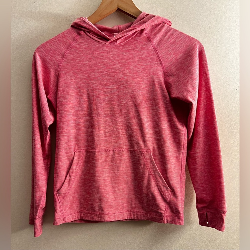 Hanna Andersson girls pink Spacedye hooded long sleeve shirt thumbholes 8